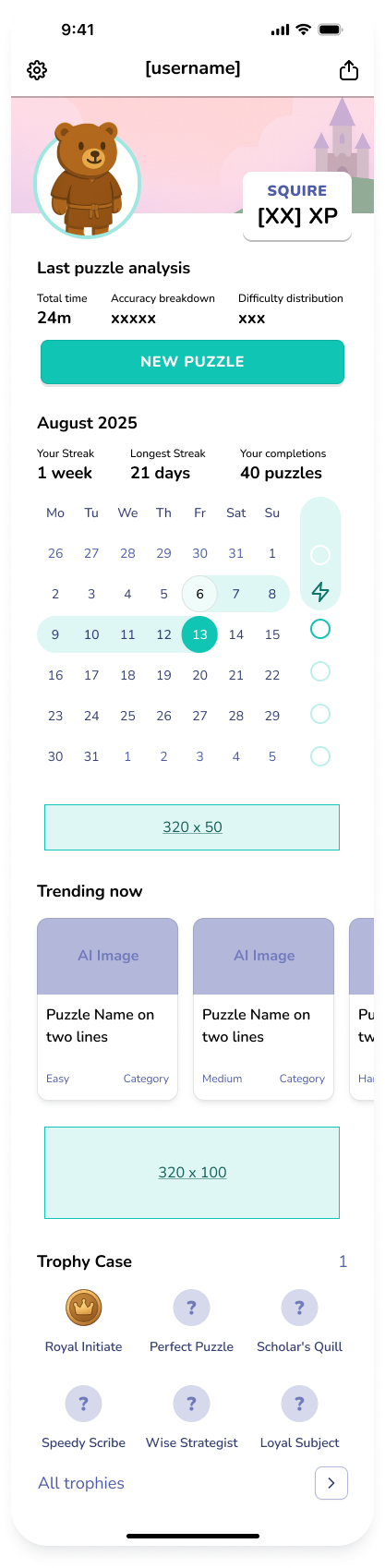 Crossword Kingdom dashboard with player stats, streak calendar, trending puzzles, and trophy case